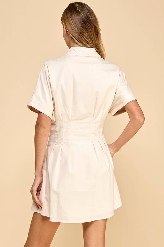 Cream Button Up Collared Pocket Dress