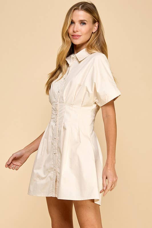 Cream Button Up Collared Pocket Dress