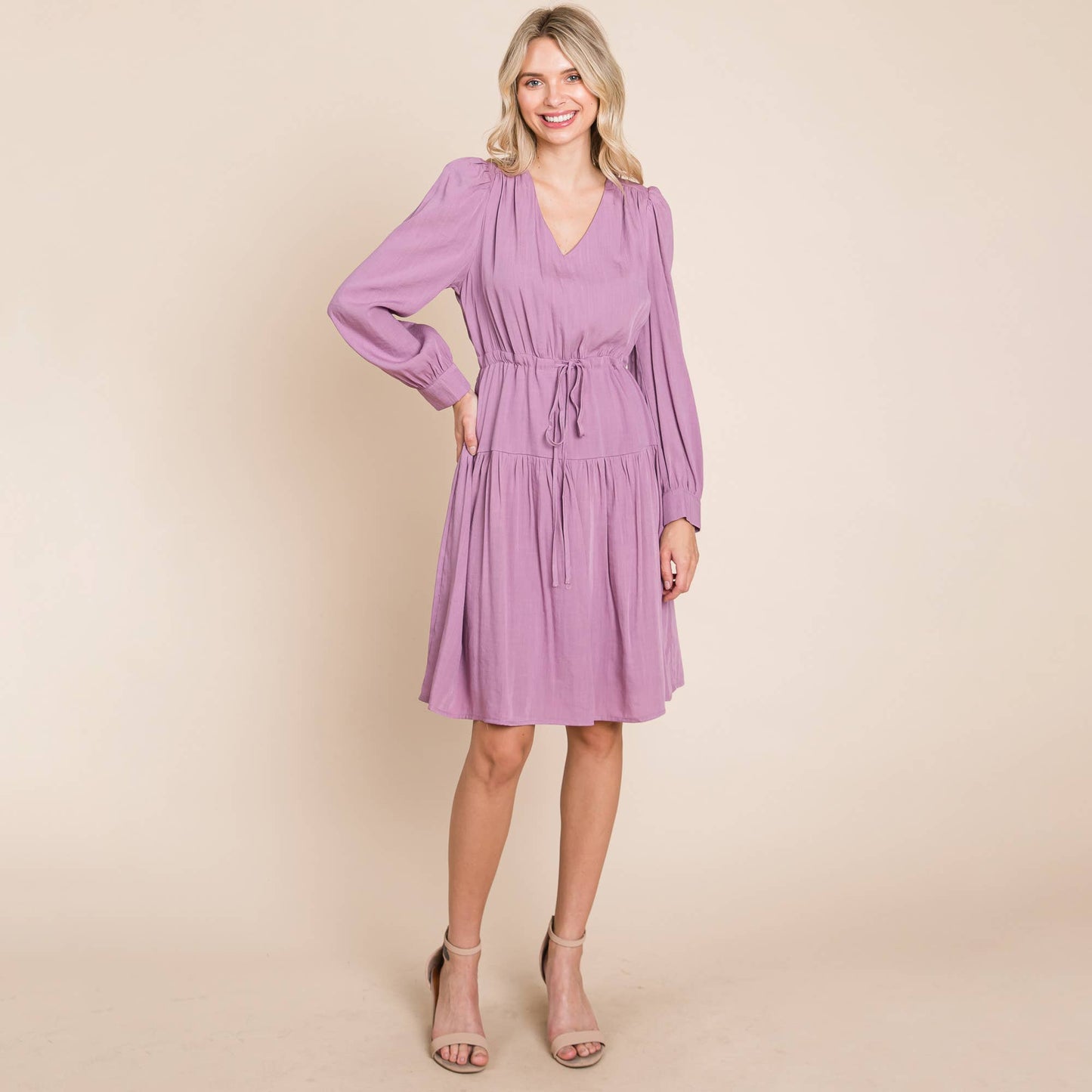 Tiered Long Sleeve Waist String Ruched Dress: Lavender