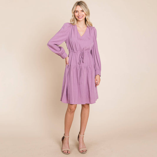 Tiered Long Sleeve Waist String Ruched Dress: Lavender