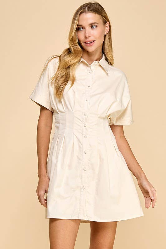 Cream Button Up Collared Pocket Dress